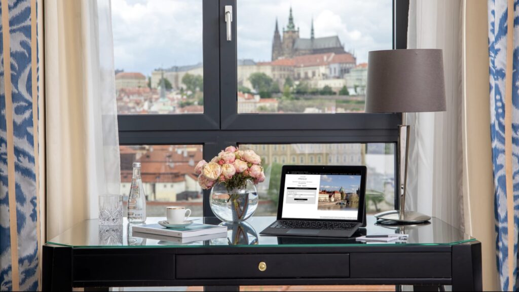Panoramic view of Prague Castle and the Vltava River from Four Seasons Prague, combining luxury hospitality with the city’s most iconic winter scenery.