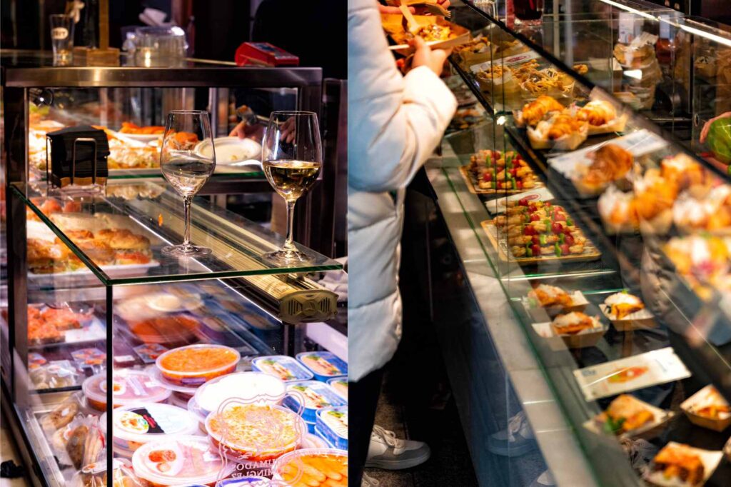 Tapas bar crawl through Madrid with friends enjoying wine, chorizo, and small plates while exploring lively taverns at night.