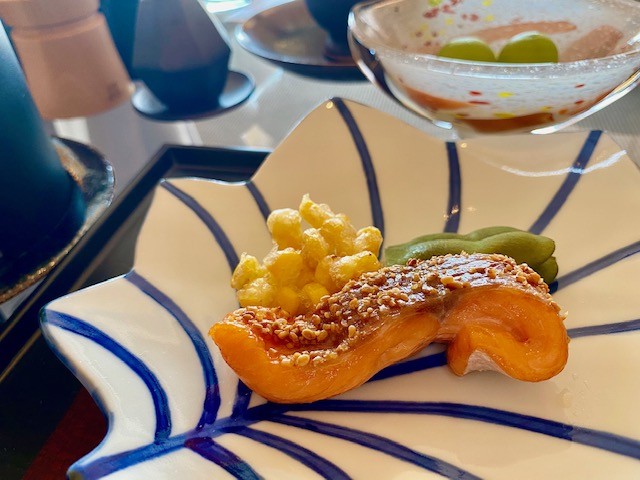 Grilled fish as the main course of a traditional Japanese breakfast prepared by the Kyoyamata kaiseki restaurant for guests of the Park Hyatt Kyoto