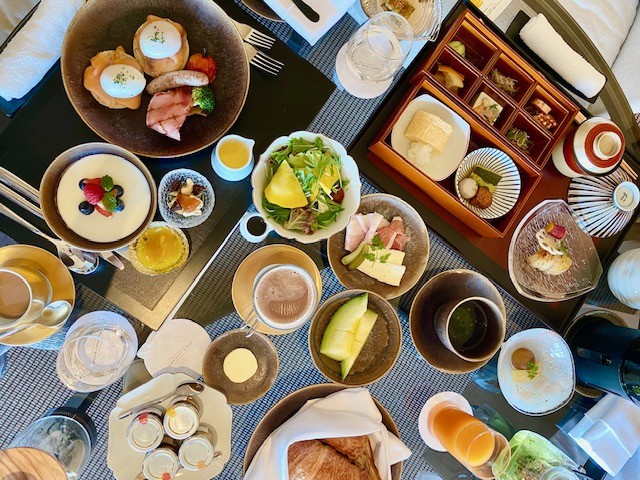 Room service traditional Japanese breakfast prepared by Kyoyamato Japanese kaiseki restaurant for guests at the Park Hyatt Kyoto