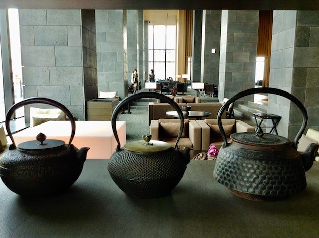 Japanese tea pots on display at the Aman Tokyo in Otemachi