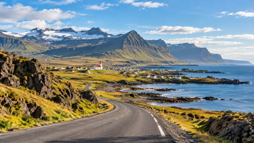 Scenic Iceland road trip through volcanic mountains and rugged coastal scenery, illustrating the journey from Reykjavik toward Stokkseyri.