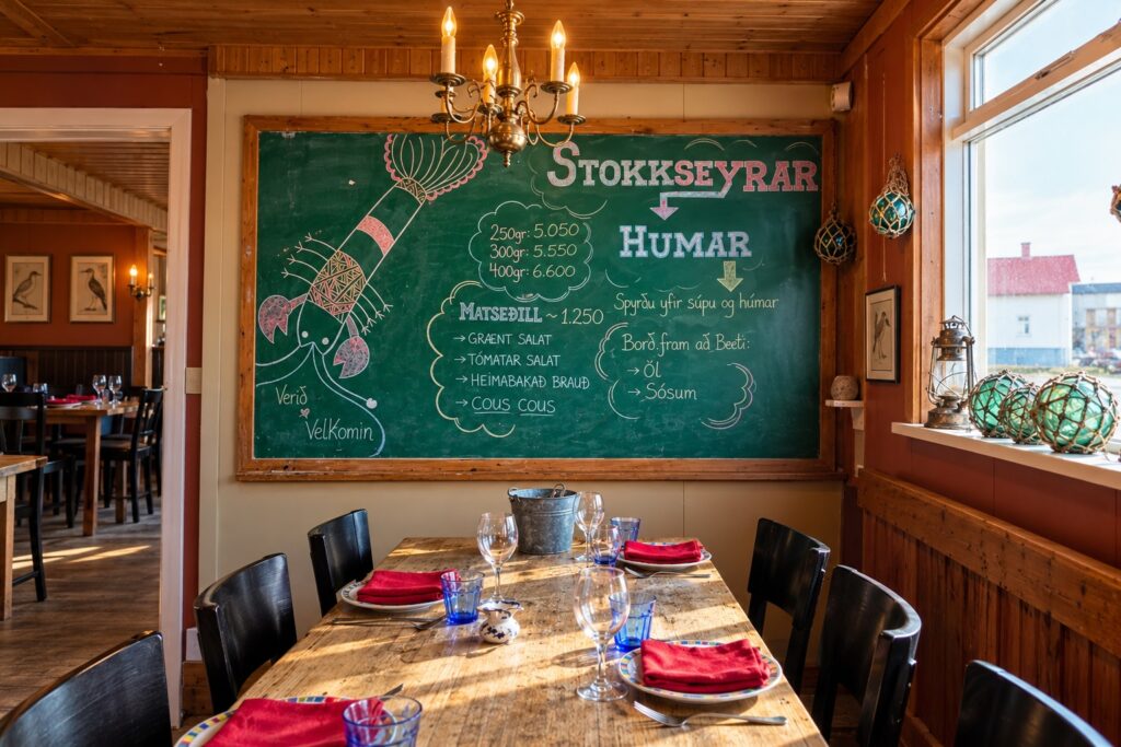Rustic dining room at Fjöruborðið in Stokkseyri, Iceland, with wooden tables, red napkins and a green Icelandic lobster chalkboard.