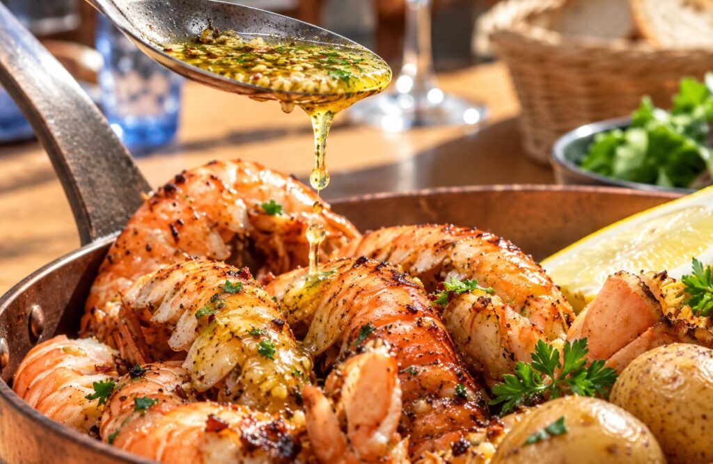 Close-up of Icelandic langoustines with garlic butter and herbs in a rustic copper pan, inspired by Fjöruborðið restaurant in Stokkseyri.
