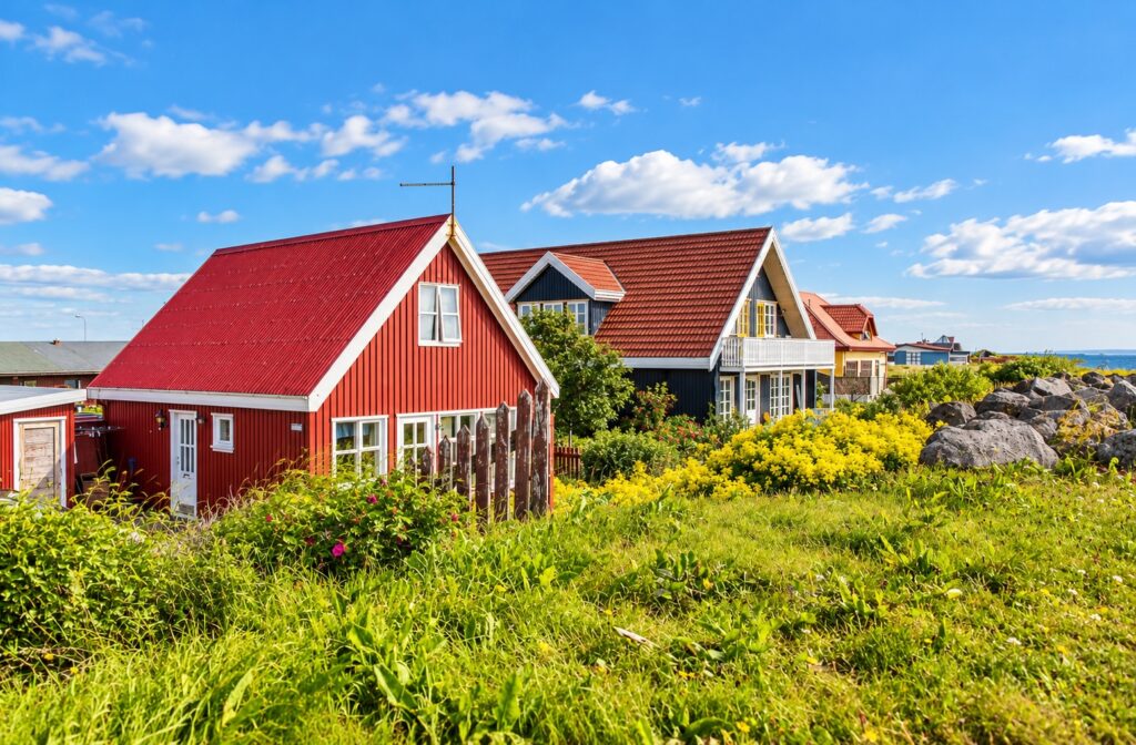 Red wooden houses with pitched roofs surrounded by green grass and wildflowers in an AI-enhanced Icelandic coastal village scene.