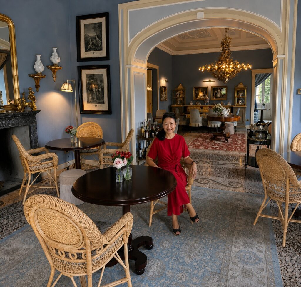 Travelife Magazine Editor in Chief Christine Cunanan inside Passalacqua, the best luxury hotel in Lake Como, Italy