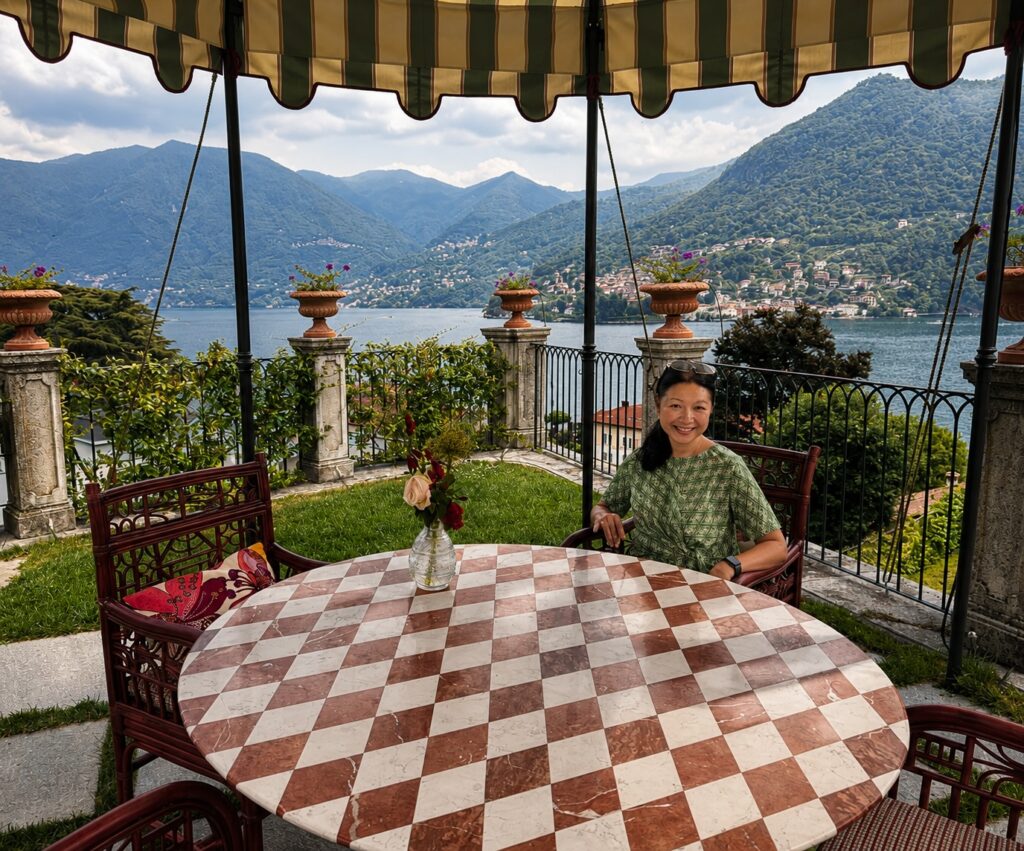 Terrace overlooking Lake Como at Passalacqua hotel in Moltrasio, Italy