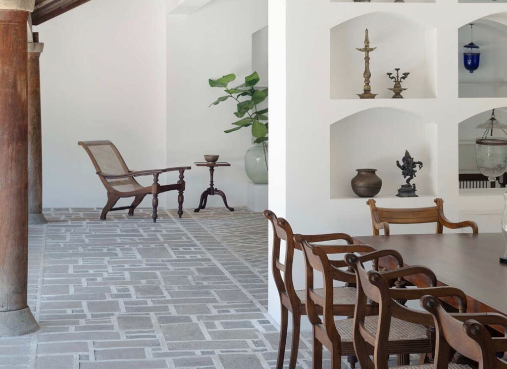 Architectural detail inside Lunuganga, architect Geoffrey Bawa's home in Sri Lanka, showing clean lines, natural materials, and Bawa’s signature tropical modernist style.