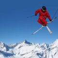 Skier on the slopes of Chamonix with Mont Blanc in the background