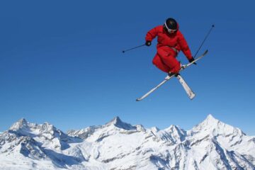 Skier on the slopes of Chamonix with Mont Blanc in the background