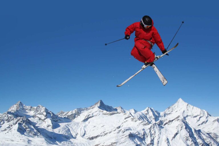 Skier on the slopes of Chamonix with Mont Blanc in the background