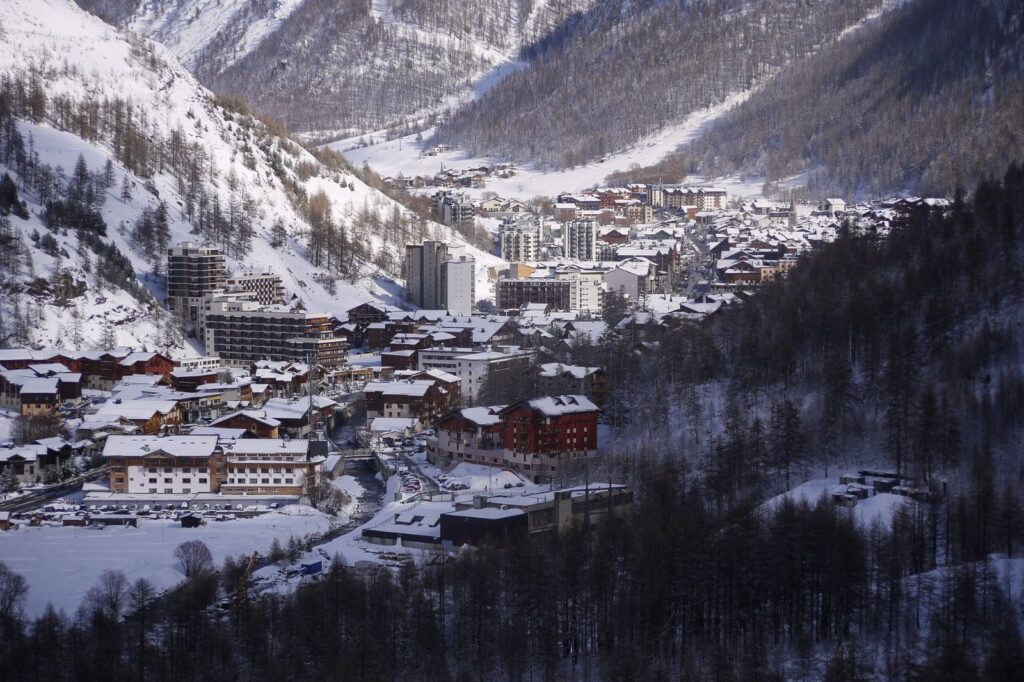 Traditional Savoyard chalets in Val d’Isère village of Switzerland in winter