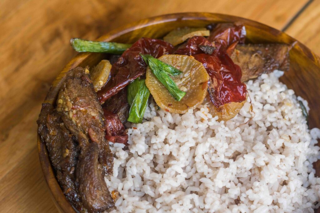 Beef Paa, which is dried beef fried with red chili, is a favorite food in Bhutan.