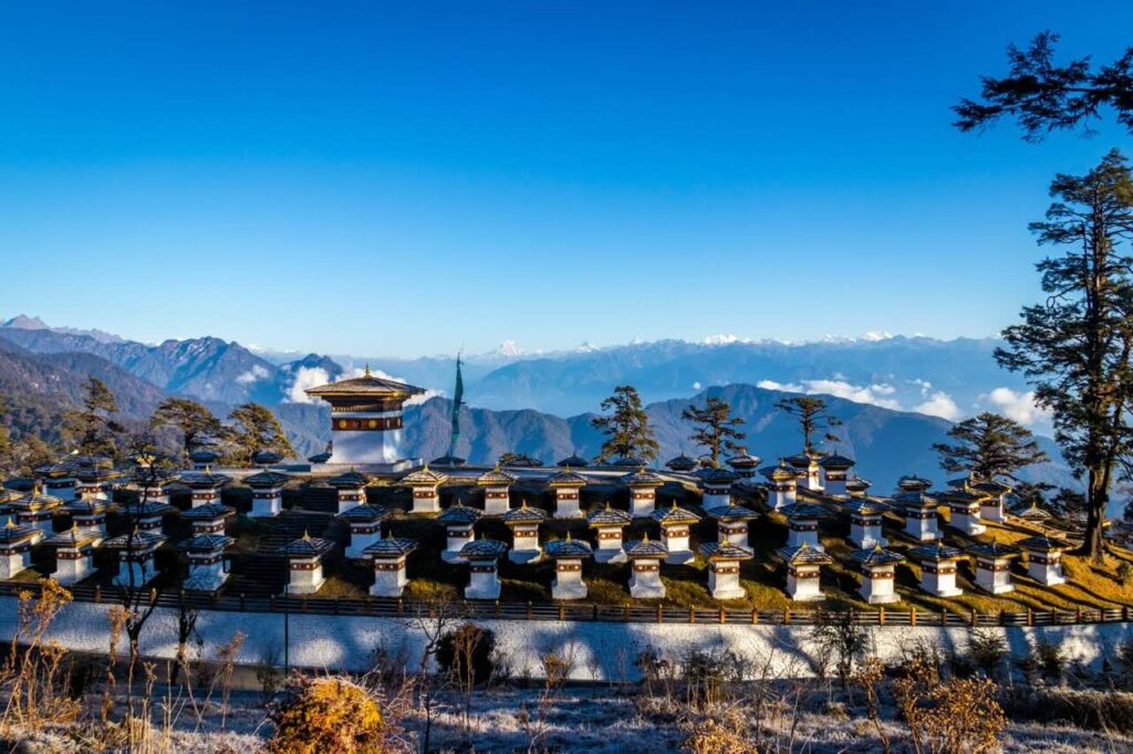 Dochula Pass, which offers stunning panoramic views of the Himalayas, is a must-visit in Bhutan.