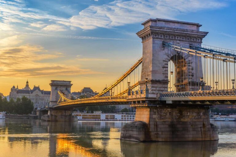 Famous bridge in Budapest that crosses over the Danube — local food culture and goulash restaurants.