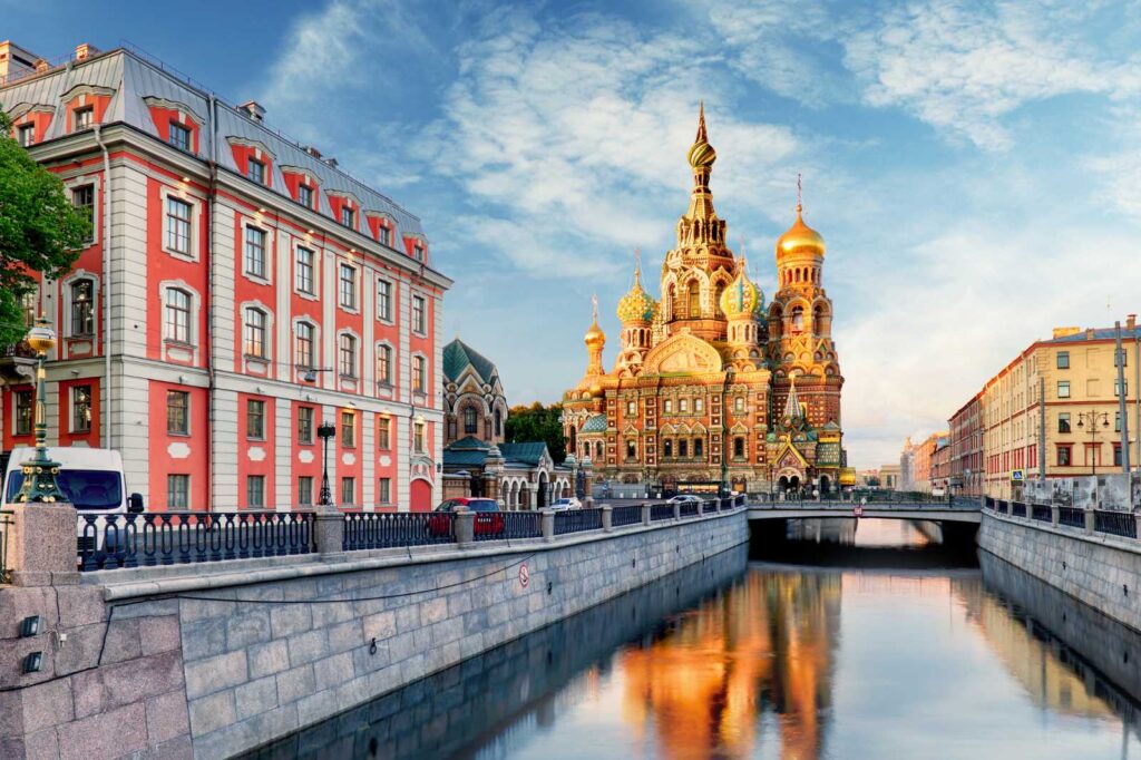 The exterior of the Church of the Savior on Spilled Blood in Saint Petersburg, one of the most beautiful Russian Orthodox Churches in Russia