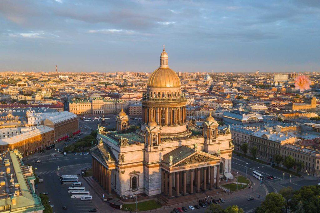 Exterior shot of the Kazan Cathedral in Saint Petersburg, one of the most visited Russian Orthodox Churches in Russia