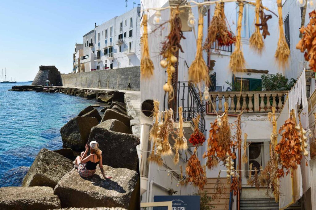 Scenes from Gallipoli’s Old Town in Puglia, Italy — a traveler resting by the turquoise sea beneath the ancient city walls, and golden bundles of dried peppers and garlic hanging in a sunlit courtyard, capturing the rustic charm and Mediterranean soul of southern Italy.