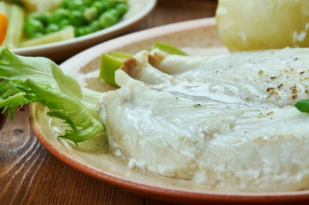 Norwegian cod is a staple food in Norway, served pan-fried or baked, with a sauce called sandefjordsmør, made of butter, cream and lemon.