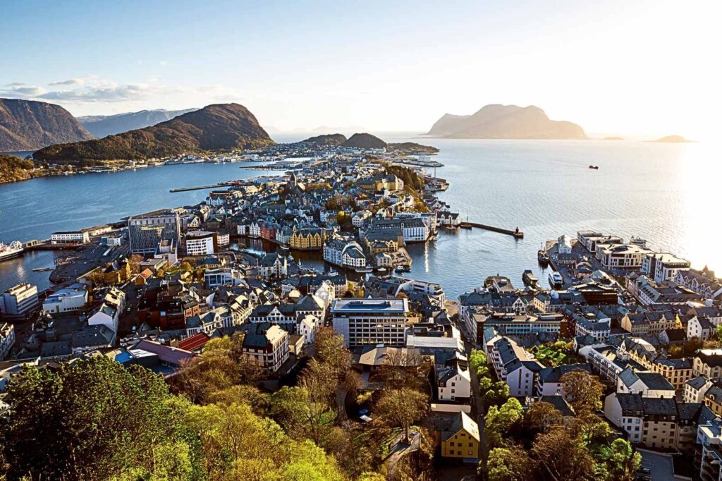 Aerial view of the Art Nouveau city of Alesund in Norway, which was rebuilt after a fire in 1904.