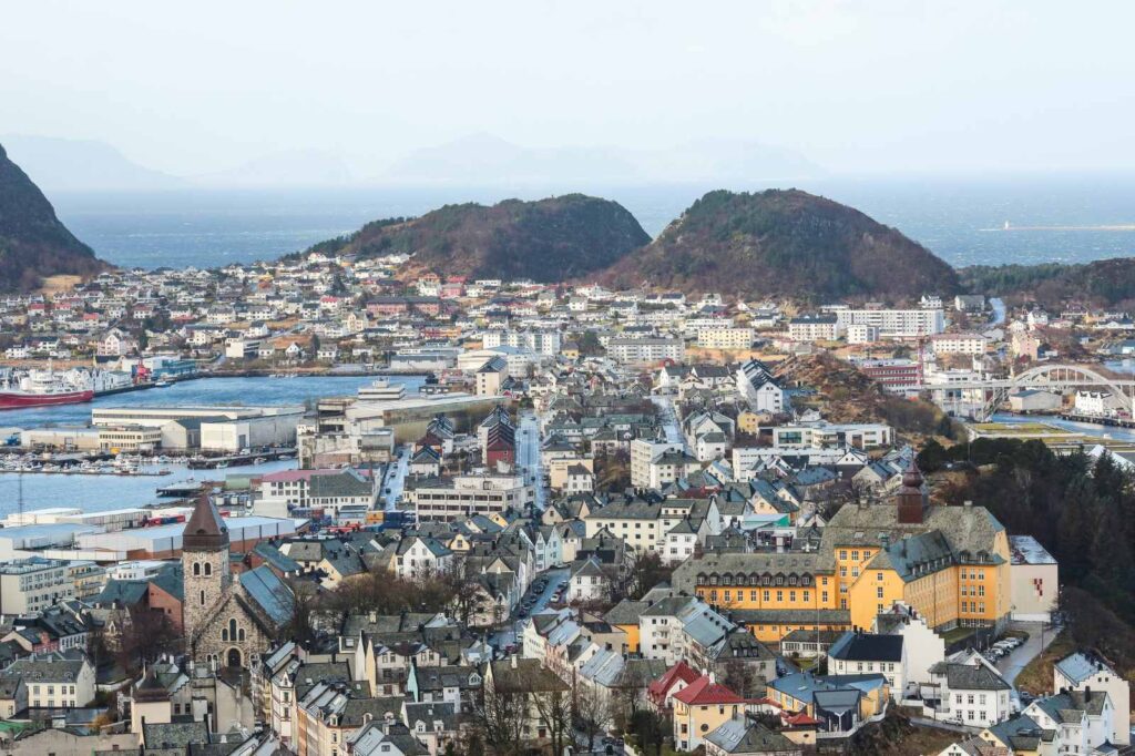 View of the Art Nouveau city of Alesund in Norway from the top of Mount Aksla