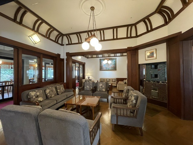 Historic lounge in the heritage wing of Fujiya Hotel Hakone featuring original woodwork, period furnishings, and early twentieth-century architecture