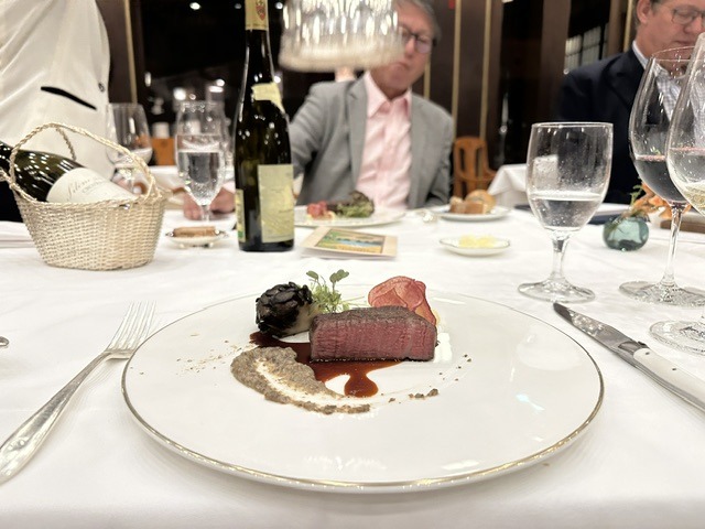 Dessert course served in the historic main dining room of Fujiya Hotel Hakone, accompanied by wine and traditional grand hotel service