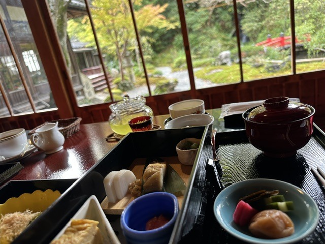 Traditional Japanese breakfast overlooking the gardens of the former Imperial Villa at Fujiya Hotel Hakone