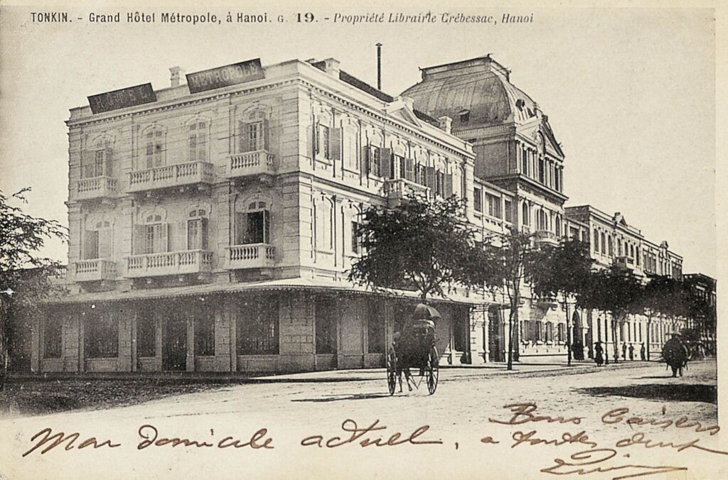 Historic postcard illustration of Sofitel Legend Metropole Hanoi showing the hotel’s original French colonial facade