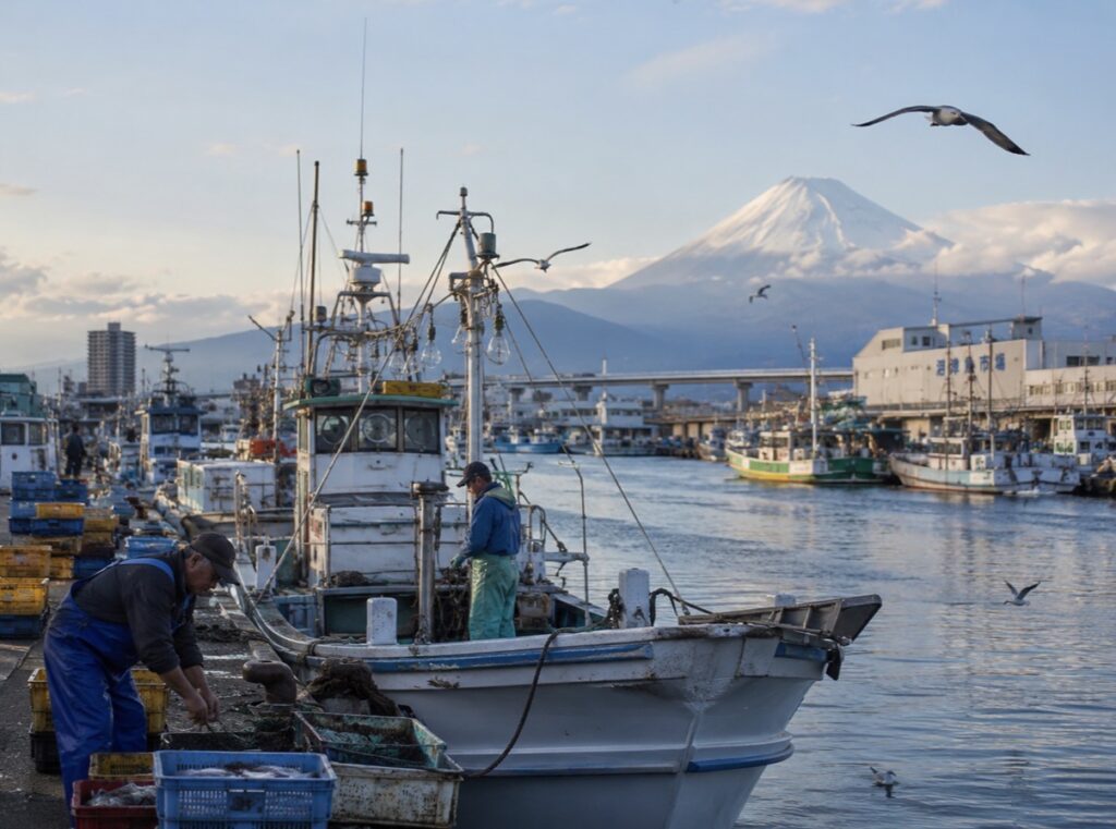 Fishermen unloading the day’s catch at Numazu Fishing Port with traditional fishing boats and Mount Fuji in Numazu, Shizuoka, Japan.
