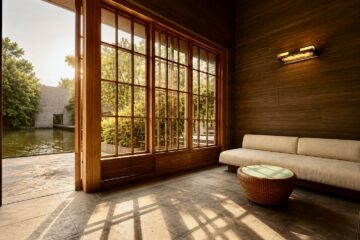 The minimalist lobby at Numazu Club, a Michelin One Key luxury retreat in Shizuoka, Japan, overlooking the reflecting pond and estate gardens. Photographed by Travelife Magazine.