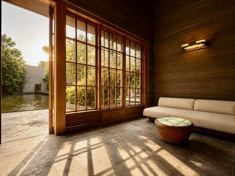 The minimalist lobby at Numazu Club, a Michelin One Key luxury retreat in Shizuoka, Japan, overlooking the reflecting pond and estate gardens. Photographed by Travelife Magazine.