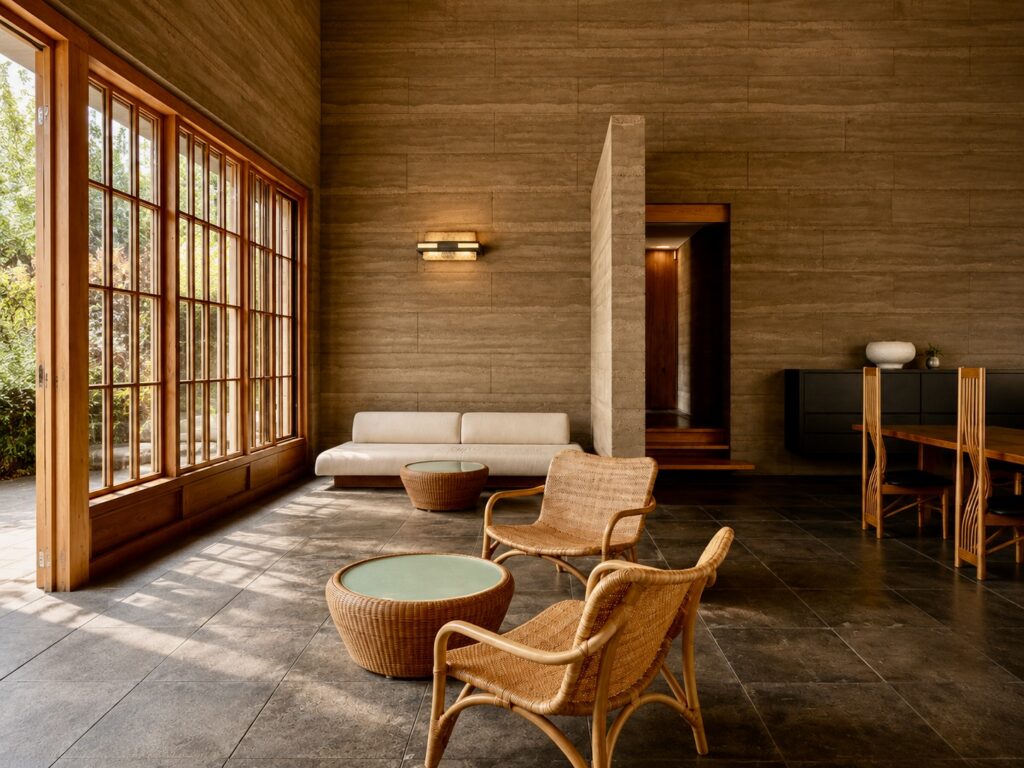 The minimalist lobby at Numazu Club, Shizuoka, Japan, featuring floor-to-ceiling windows, warm timber interiors, handcrafted furnishings, and tranquil views of the estate gardens. Photographed by Travelife Magazine.