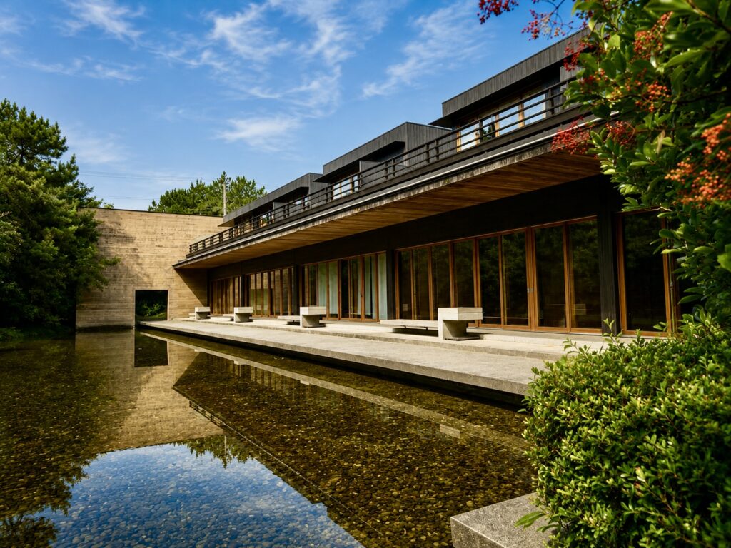 The contemporary guest wing at Numazu Club, Shizuoka, Japan, reflected in a tranquil pond, showcasing the estate’s award-winning modern Japanese architecture. Photographed by Travelife Magazine.