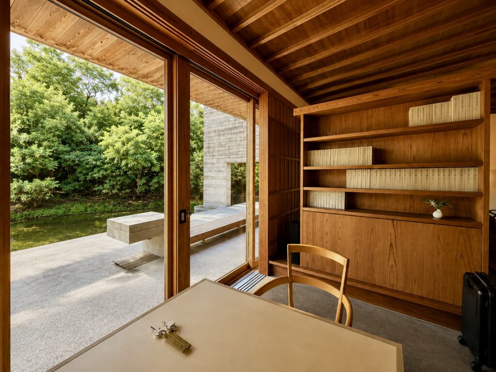 Guest suite at Numazu Club in Shizuoka, Japan, featuring warm timber interiors, built-in shelving, a writing desk, floor-to-ceiling windows, and a private terrace overlooking the tranquil pond and gardens.