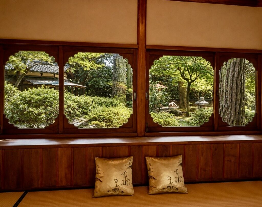 Garden view framed by traditional wooden windows in the 1913 heritage residence at Numazu Club, Shizuoka, Japan, overlooking the estate’s tranquil Japanese garden. Photographed by Travelife Magazine.