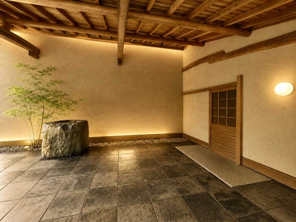 Entrance to the restaurant of Numazu Club, a Michelin One-Key luxury hotel and heritage ryokan in Numazu, Shizuoka, Japan, showcasing traditional Japanese architecture, natural materials and minimalist design. Photographed by Travelife Magazine.