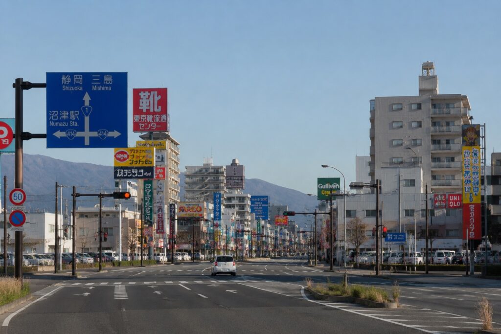 Wide boulevard in central Numazu, Shizuoka Prefecture, Japan, lined with shops, restaurants and commercial buildings, illustrating the city’s everyday urban character before arriving at Numazu Club.