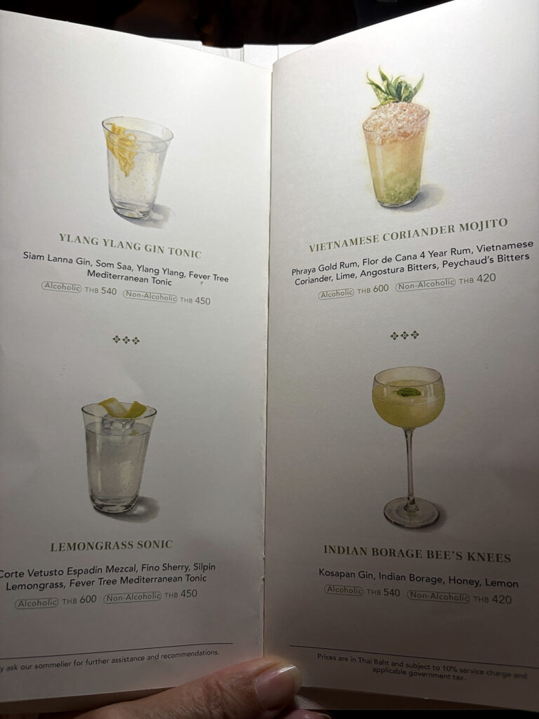Signature cocktail menu at Baan Phraya, Mandarin Oriental, Bangkok, featuring Thai-inspired drinks.
