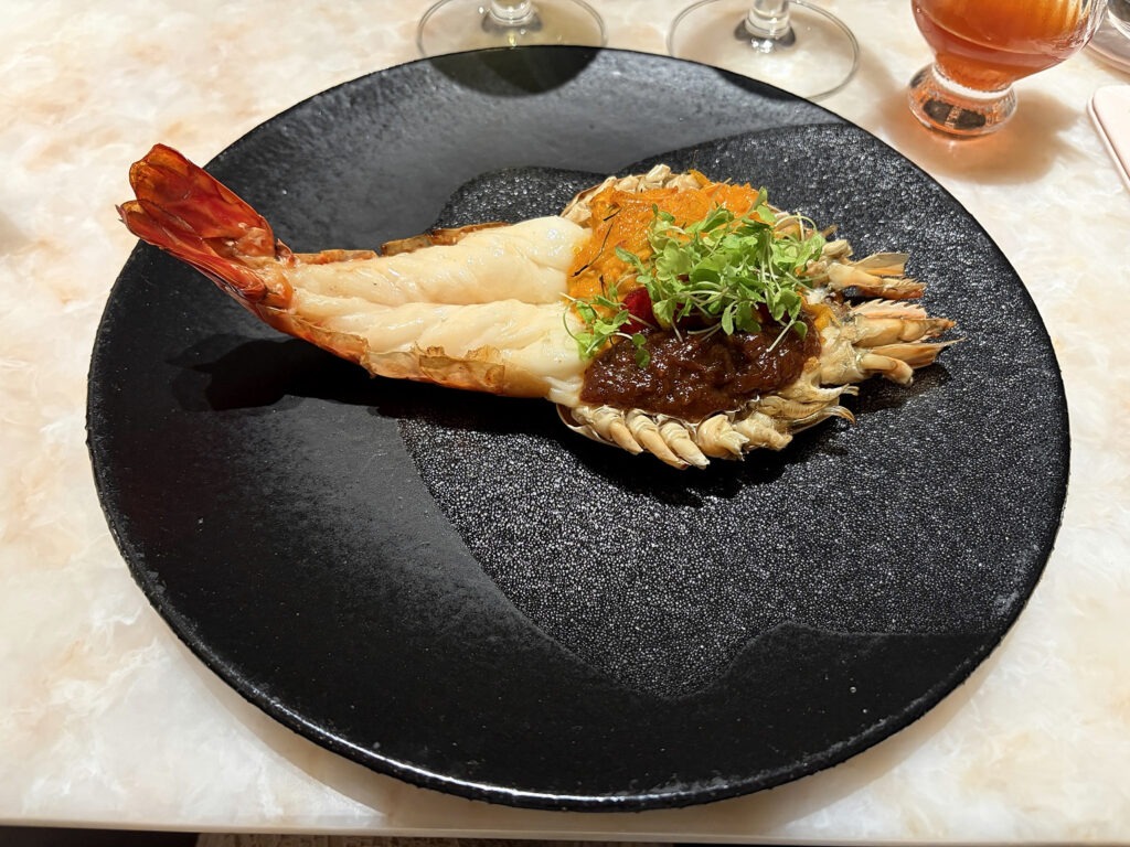 Grilled Surat Thani river prawn served with tomalley, young tamarind and chili paste at Baan Phraya, Mandarin Oriental, Bangkok.