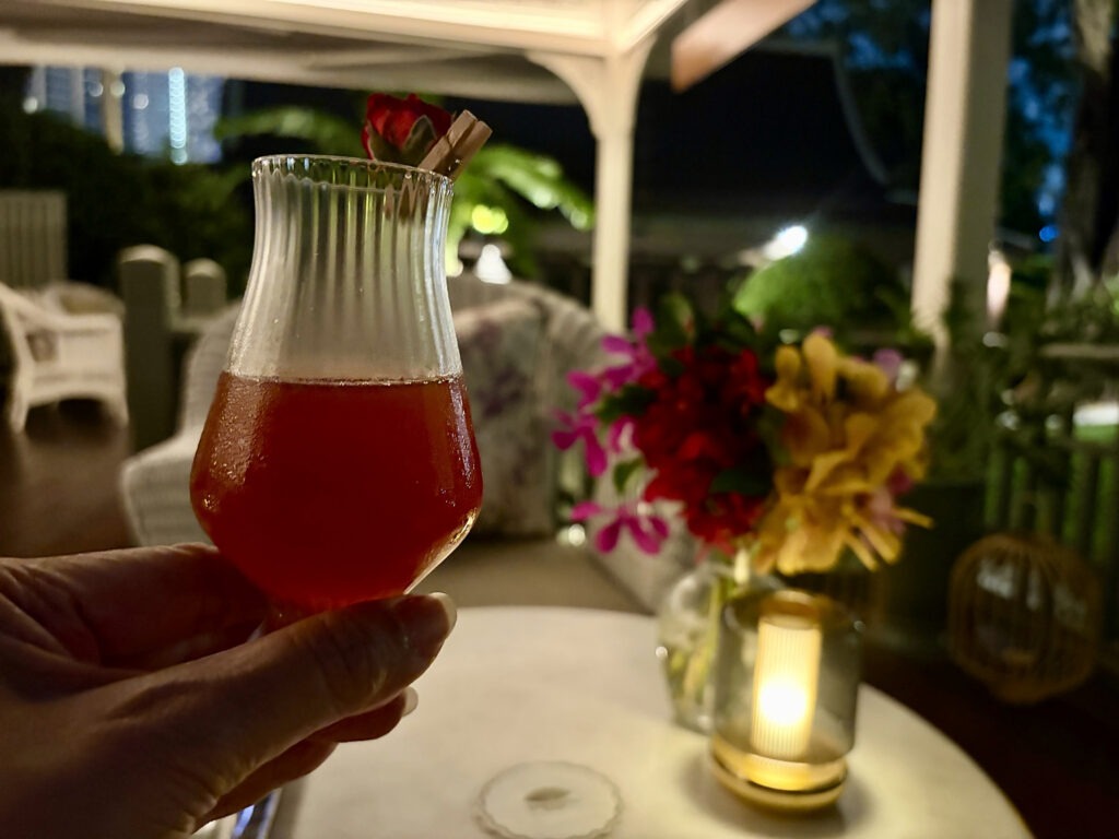 Rose Kombucha cocktail on the riverside terrace at Baan Phraya, Mandarin Oriental, Bangkok.