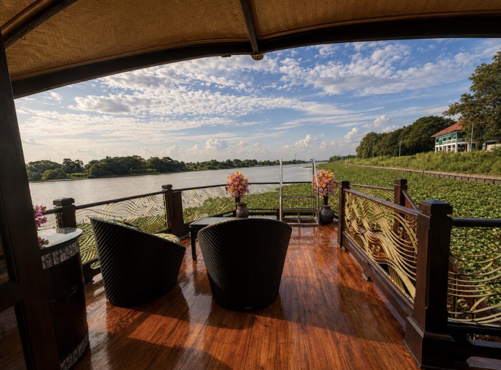 Open upper deck of Loy Dream Bangkok river cruise operated by Anantara Hotels and Loy Pela cruising through the green countryside along the Chao Phraya River