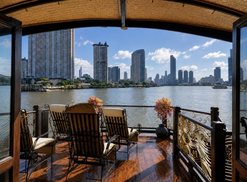 View of Bangkok from the upper deck of Loy Dream during a private Bangkok river cruise on the Chao Phraya