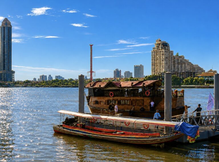 Loy Dream, Anantara’s restored Thai rice barge, cruising the Chao Phraya River in Bangkok