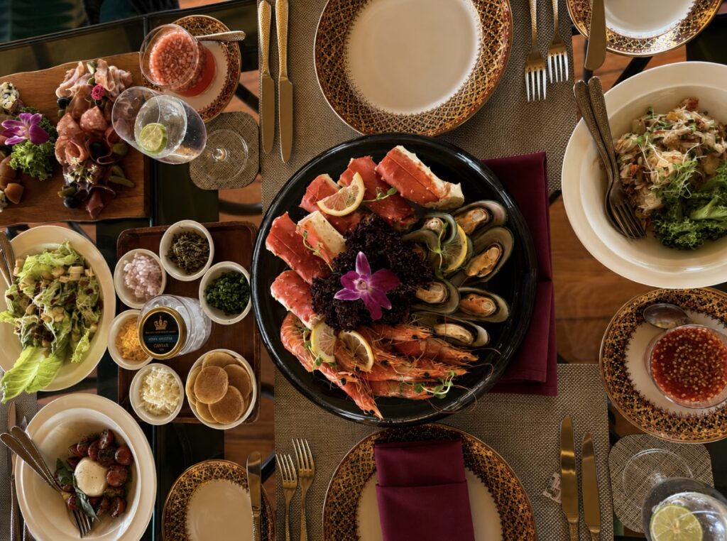 Seafood brunch with king crab, prawns and mussels aboard Loy Dream of Anantara Hotels on the Chao Phraya River