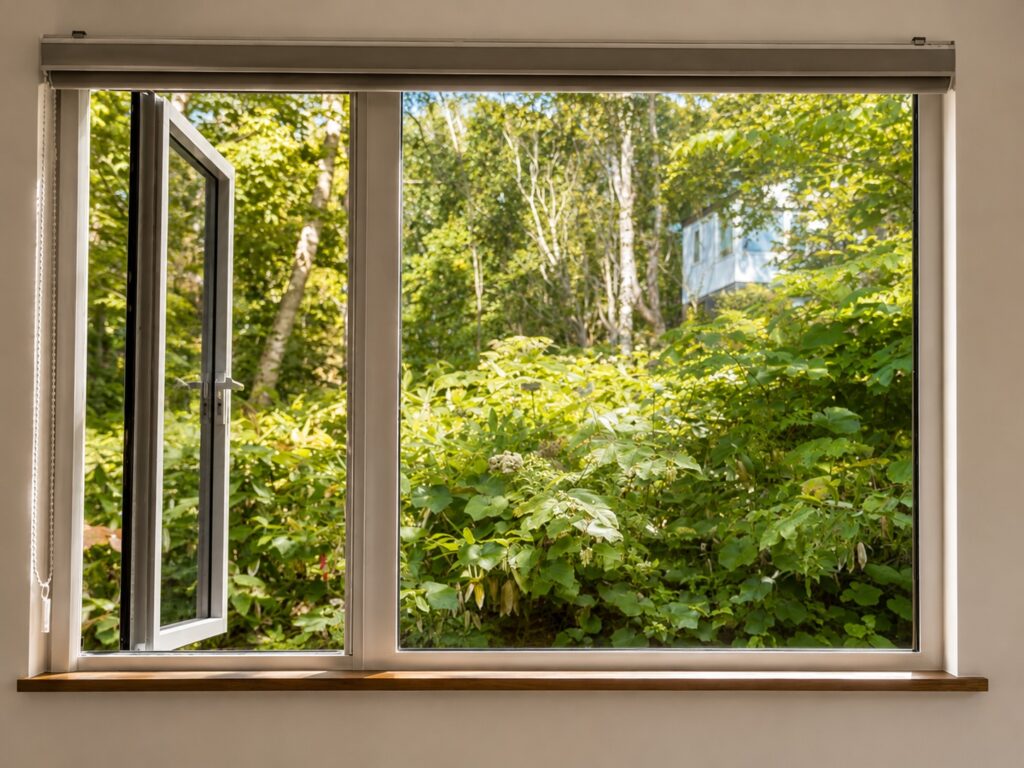 Lush green Hokkaido forest seen through an open window at Soga Forest Chalet, a private luxury chalet in Niseko, Japan.