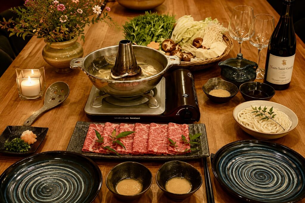 Hokkaido beef shabu-shabu dinner with fresh vegetables and dipping sauces prepared at Soga Forest Chalet, an Elite Havens private villa in Niseko, Japan.