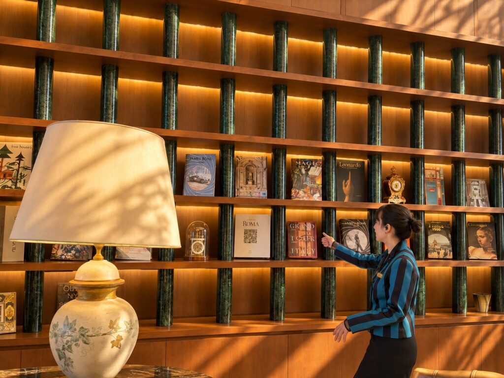 Illuminated geometric shelving wall, sculptural table lamp and warm wooden interior at Pasona Natureverse Retreat on Awaji Island, Japan.