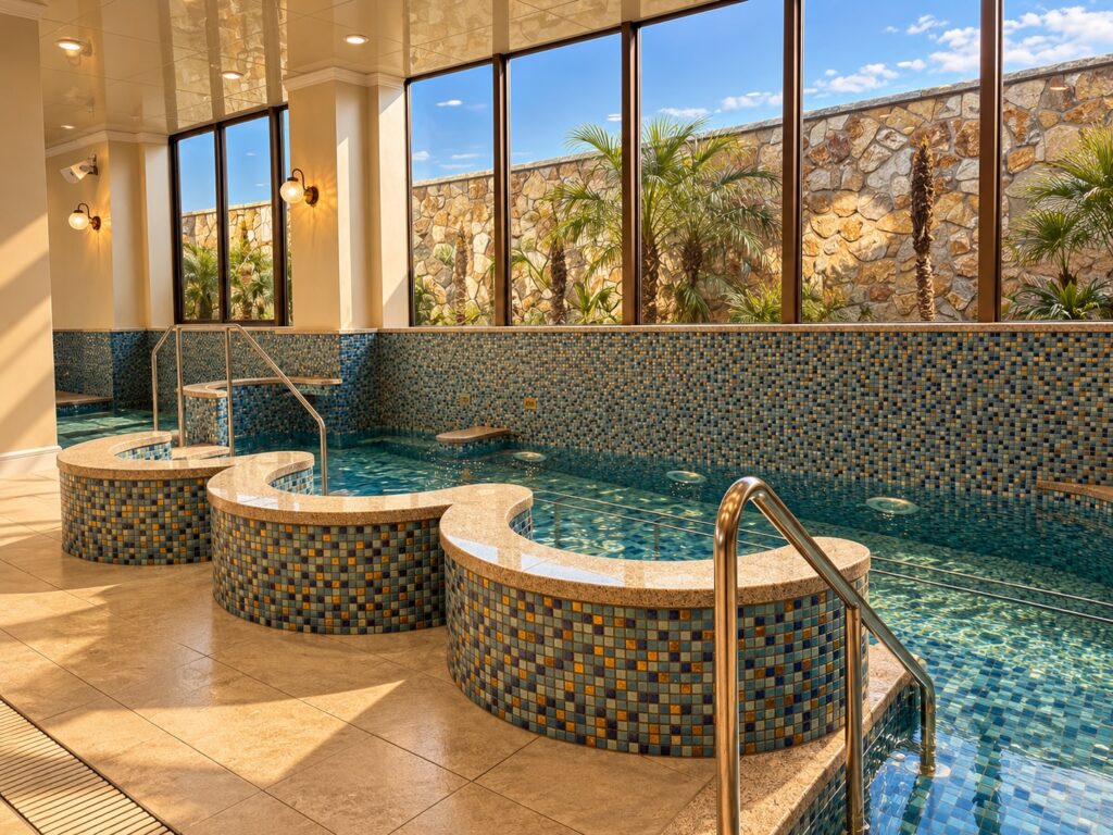 Indoor thalassotherapy pool with blue mosaic tiles, curved seating and handrails at THE PASONA Natureverse Retreat on Awaji Island, Japan.