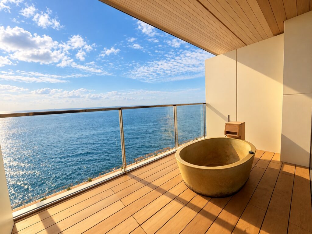 Private outdoor soaking tub on a wooden terrace overlooking the sea at Pasona Natureverse Retreat on Awaji Island, Japan.